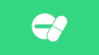 Yeşil arka planda beyaz ilaç veya tablet ikonu var. Kapsül hapı ve uyuşturucu işareti. Eczane tasarımı. 4K Video hareketli grafik canlandırması