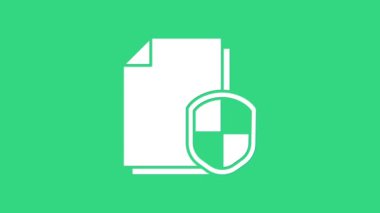 Beyaz Belge koruma konsepti ikonu yeşil arkaplanda izole edildi. Gizli bilgi ve gizlilik fikri, güvenlik, koruma, kalkan. 4K Video hareketli grafik canlandırması