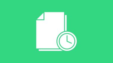 Yeşil arkaplanda saat simgesine sahip beyaz belge. Belge ve geri sayım, teslim tarihi, program, planlama sembolü. 4K Video hareketli grafik canlandırması