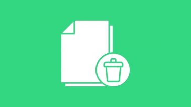 Yeşil arkaplanda bulunan Beyaz Silme dosya simgesi. Kağıt çarşafta geri dönüşüm kutusu işareti var. Reddedilmiş belge. Kağıt üzerinde çarmıh. 4K Video hareketli grafik canlandırması