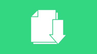 Yeşil arkaplandaki indirme simgesine sahip beyaz belge. Dosya belgesi sembolü. 4K Video hareketli grafik canlandırması