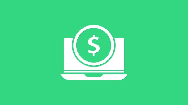 Laptop blanco con símbolo de dólar icono aislado sobre fondo verde. Concepto de compras online. Ganancias en Internet, marketing. Animación gráfica de vídeo 4K — Vídeos de Stock