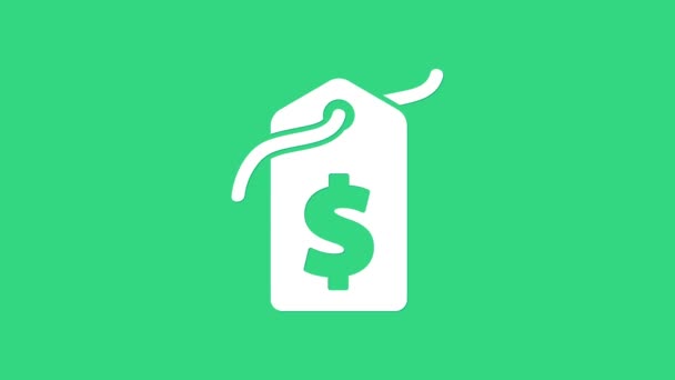 White Price etiqueta con el icono del dólar aislado sobre fondo verde. Insignia por precio. Venta con símbolo de dólar. Descuento de etiqueta promocional. Animación gráfica de vídeo 4K — Vídeo de stock