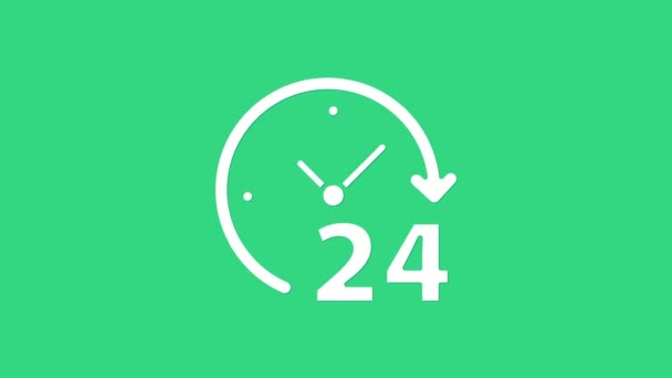 White Clock 24 hours icon isolated on green background. All day cyclic icon. 24 hours service symbol. 4K Video motion graphic animation — Stock Video