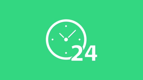 White Clock 24 hours icon isolated on green background. All day cyclic icon. 24 hours service symbol. 4K Video motion graphic animation