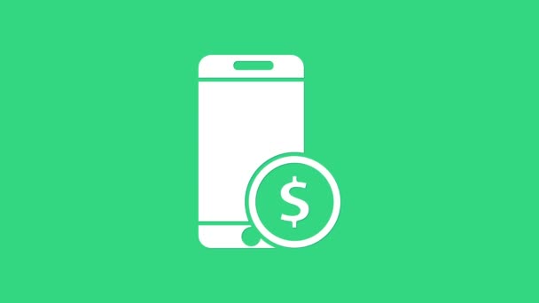 Smartphone blanco con símbolo de dólar icono aislado sobre fondo verde. Concepto de compras online. Teléfono móvil financiero. Pago en línea. Animación gráfica de vídeo 4K — Vídeo de stock