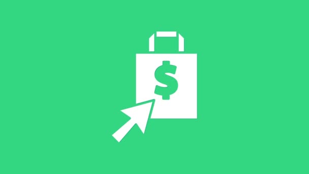 Bolso Shoping blanco e icono de dólar aislado sobre fondo verde. Señal de bolso. Icono de bolsa de mujer. Señal de bolso femenino. Animación gráfica de vídeo 4K — Vídeos de Stock