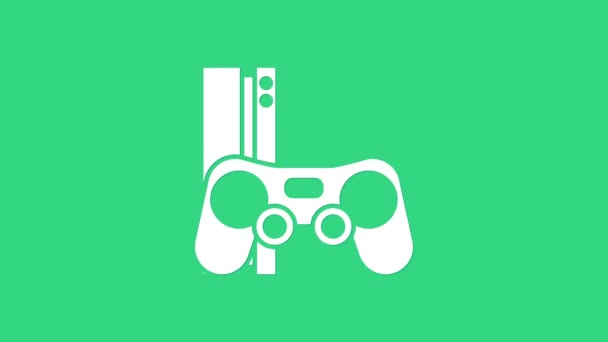 Белая игровая консоль с иконкой джойстика на зеленом фоне. Видеографическая анимация 4K — стоковое видео