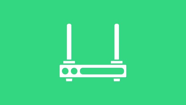 Fehér Router és wi-fi jel szimbólum ikon elszigetelt zöld alapon. Vezeték nélküli ethernet modem router. Számítógépes internet. 4K Videó mozgás grafikus animáció — Stock videók