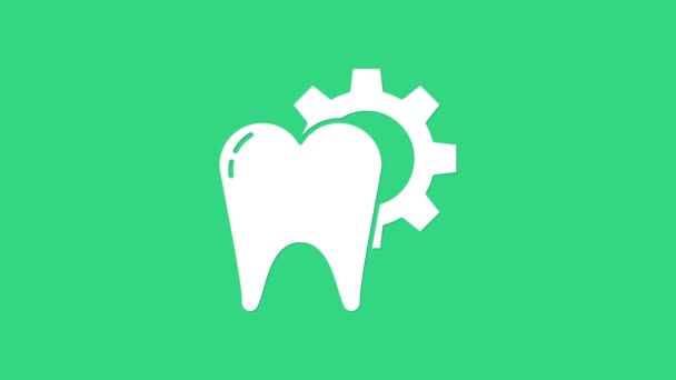 Иконка процедуры обработки белого зуба выделена на зеленом фоне. Ремонт зубов с оборудованием. Видеографическая анимация 4K — стоковое видео