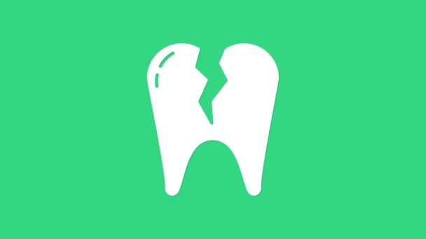 Λευκό σπασμένο δόντι εικονίδιο απομονώνονται σε πράσινο φόντο. Οδοντιατρικό πρόβλημα. Σύμβολο οδοντιατρικής φροντίδας. 4K Γραφική κίνηση κίνησης βίντεο — Αρχείο Βίντεο