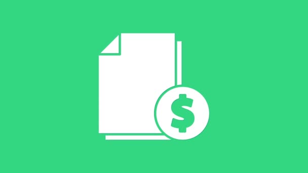 Иконка документа White Finance выделена на зеленом фоне. Бумажный банковский документ с долларовой монетой для счета-фактуры или счета концепции. Видеографическая анимация 4K — стоковое видео