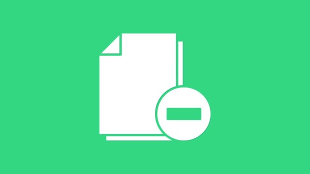 녹색 배경에 마이너스 아이콘이 있는 화이트 문서. 명확 한 문서. 파일 문서를 제거 한다. 정보 파일 삭제. 4K 비디오 모션 그래픽 애니메이션 — 비디오