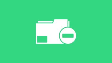 Yeşil arkaplanda eksi simgesi olan beyaz belge dizini. Belgeyi temizle. Dosya belgesini sil. Bilgi dosyasını sil. 4K Video hareketli grafik canlandırması