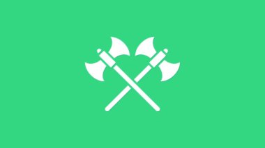 Beyaz Haç Ortaçağ balta simgesi yeşil arka planda izole edildi. Savaş baltası, cellat baltası. 4K Video hareketli grafik canlandırması