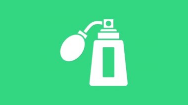 Atom ikonu yeşil arka planda izole edilmiş beyaz tıraş losyonu şişesi. Parfüm spreyi ikonu. Erkek parfüm şişesi. 4K Video hareketli grafik canlandırması
