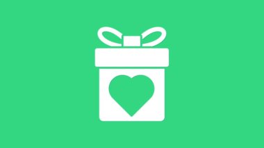 Yeşil arka planda kalp ikonu olan beyaz hediye kutusu. Sevgililer Günü. 4K Video hareketli grafik canlandırması