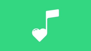 Beyaz müzik notası, yeşil arkaplanda izole edilmiş kalpler simgesi olan ton. Sevgililer Günü. 4K Video hareketli grafik canlandırması