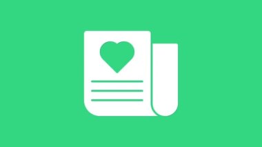 Yeşil arka planda Sevgililer Günü kalp ikonu olan beyaz zarf. Mesaj aşkım. Aşk ve romantizm mektubu. 4K Video hareketli grafik canlandırması