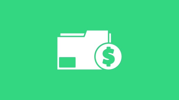 Icono de carpeta de documentos White Finance aislado sobre fondo verde. Documento bancario en papel con moneda de dólar para concepto de factura o factura. Animación gráfica de vídeo 4K — Vídeos de Stock