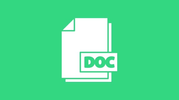 Documento de archivo DOC blanco. Descargar icono del botón doc aislado sobre fondo verde. símbolo de extensión de archivo DOC. Animación gráfica de vídeo 4K — Vídeos de Stock