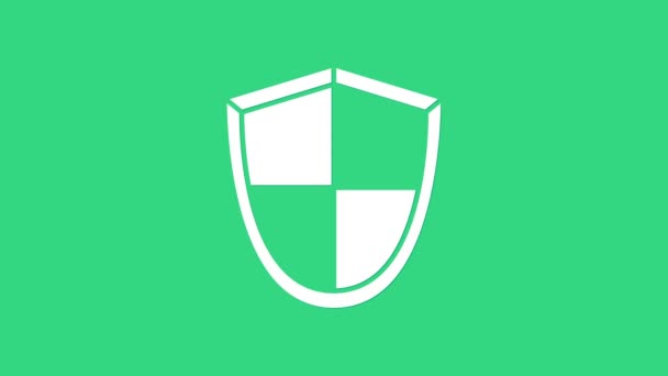Fehér Pajzs ikon elszigetelt zöld alapon. Őrség jel. Biztonság, biztonság, védelem, adatvédelem. 4K Videó mozgás grafikus animáció — Stock videók