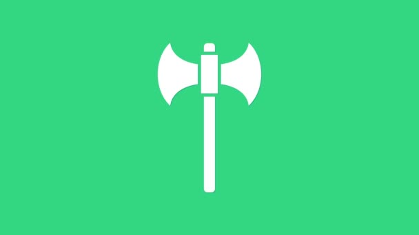 白色中世纪斧头图标孤立在绿色背景。战斧，刽子手斧。4K视频运动图形动画 — 图库视频影像