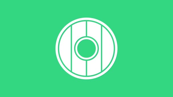 Icono blanco escudo de madera redonda aislado sobre fondo verde. Animación gráfica de vídeo 4K — Vídeo de stock