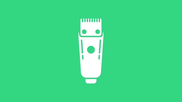 Cortador de cabelo elétrico branco ou ícone de barbeador isolado no fundo verde. Símbolo da barbearia. Animação gráfica em movimento de vídeo 4K — Vídeo de Stock