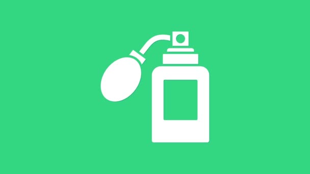 Atom ikonu yeşil arka planda izole edilmiş beyaz tıraş losyonu şişesi. Parfüm spreyi ikonu. Erkek parfüm şişesi. 4K Video hareketli grafik canlandırması — Stok video