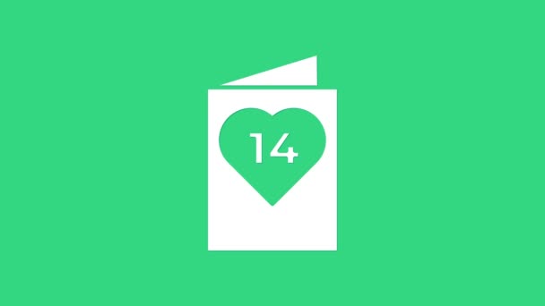 Λευκό φυλλάδιο ημέρα του Αγίου Βαλεντίνου με το εικονίδιο καρδιά απομονώνονται σε πράσινο φόντο. Πρότυπο αφίσα εορτασμού για πρόσκληση ή ευχετήρια κάρτα. 4K Γραφική κίνηση κίνησης βίντεο — Αρχείο Βίντεο