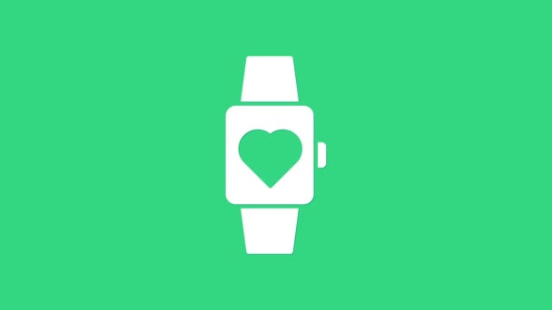 Corazón blanco en el centro icono del reloj de muñeca aislado sobre fondo verde. Día de San Valentín. Animación gráfica de vídeo 4K — Vídeos de Stock