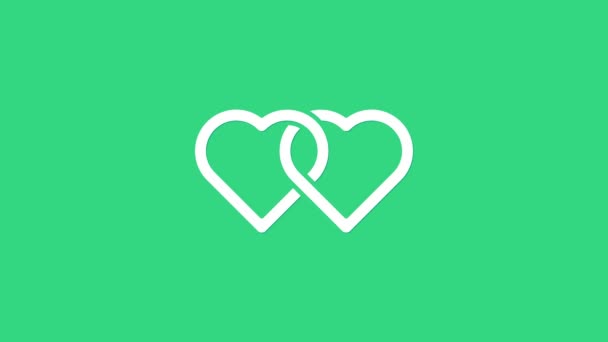 Ikona White Two Linked Hearts odizolowana na zielonym tle. Romantyczny symbol połączony, połączony, pasja i ślub. Walentynki. 4K Animacja graficzna ruchu wideo — Wideo stockowe