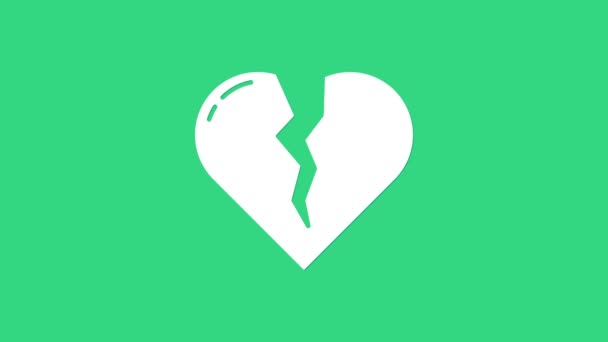 Corazón roto blanco o icono de divorcio aislado sobre fondo verde. Símbolo de amor. Día de San Valentín. Animación gráfica de vídeo 4K — Vídeos de Stock