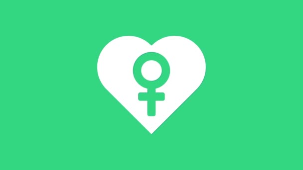 Corazón blanco con icono de símbolo de género femenino aislado sobre fondo verde. Símbolo Venus. El símbolo de un organismo femenino o una mujer. Animación gráfica de vídeo 4K — Vídeo de stock