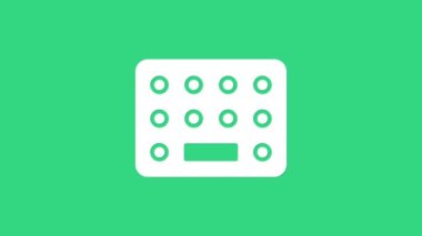 Yeşil arka planda, su toplayan beyaz haplar izole edilmiş. İlaç paketi. Tablet, vitamin, antibiyotik, aspirin. 4K Video hareketli grafik canlandırması