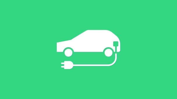 Icône de charge de voiture électrique blanche et de fiche de câble électrique isolée sur fond vert. Technologies écologiques renouvelables. Animation graphique de mouvement vidéo 4K — Video