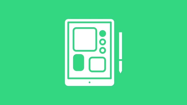 흰색 그래픽 태블릿 아이콘은 녹색 배경에 분리되어 있다. 4K 비디오 모션 그래픽 애니메이션 — 비디오