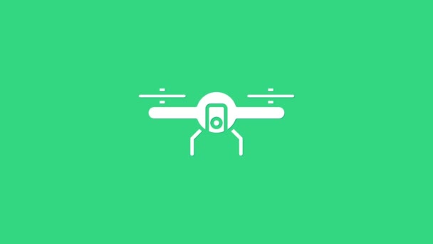 White Drone flying icon isolated on green background. Quadrocopter with video and photo camera symbol. 4K Video motion graphic animation — Stock Video