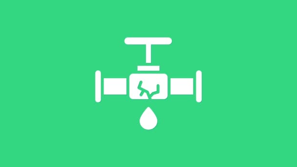 Tubo metálico blanco roto con fugas icono de agua aislado sobre fondo verde. Animación gráfica de vídeo 4K — Vídeos de Stock