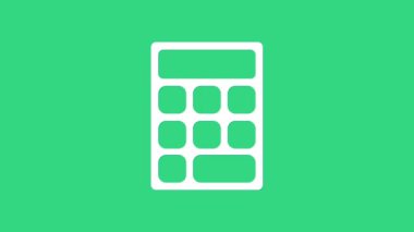Yeşil arkaplanda beyaz hesap makinesi simgesi izole edildi. Muhasebe sembolü. İş hesaplamaları matematik eğitimi ve finans. 4K Video hareketli grafik canlandırması