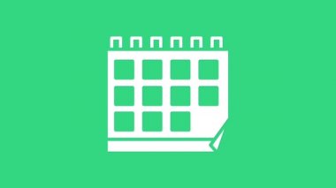 Yeşil arkaplanda beyaz takvim simgesi izole edildi. Olay hatırlatma sembolü. 4K Video hareketli grafik canlandırması