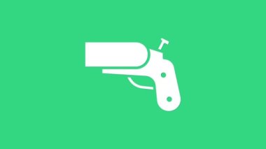 Beyaz işaret fişeği tabancası yeşil arka planda izole edilmiş bir ikon sinyali veriyor. Acil ateş, hedef duman. Turuncu 911 fırlatıcısı. 4K Video hareketli grafik canlandırması