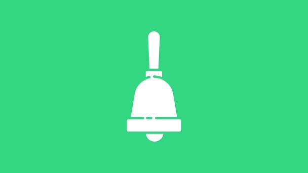 Icono de campana blanca aislada sobre fondo verde. Símbolo de alarma, campana de servicio, señal de timbre, símbolo de notificación. Animación gráfica de vídeo 4K — Vídeo de stock