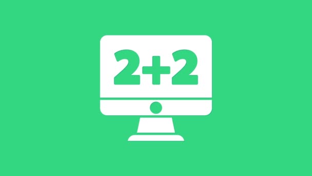 Vit matematik system av ekvation lösning på datorskärm ikon isolerad på grön bakgrund. 4K Video motion grafisk animation — Stockvideo