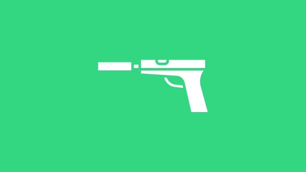 Yeşil zemin üzerinde susturucu simgesi olan beyaz tabanca ya da silah. 4K Video hareketli grafik canlandırması — Stok video
