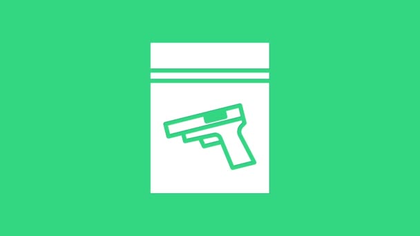 White Evidence bag and pistol or gun icon isolated on green background. 4K Video motion graphic animation — Stock Video