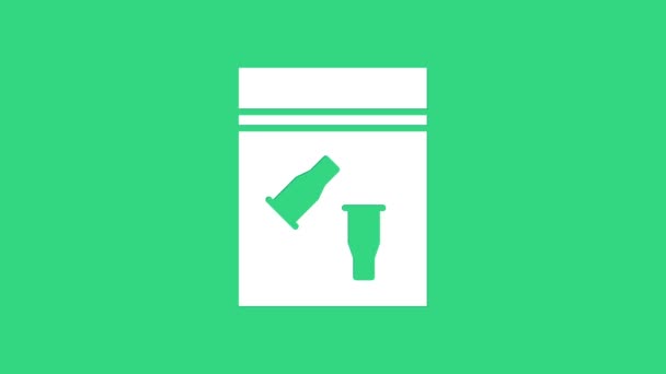 Fehér Bizonyíték táska és golyó ikon elkülönítve zöld háttérrel. 4K Videó mozgás grafikus animáció — Stock videók
