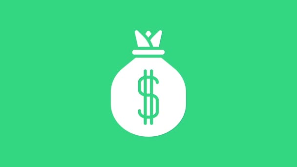 Λευκό εικονίδιο τσάντα χρήματα απομονώνονται σε πράσινο φόντο. Δολάριο ή σύμβολο USD. Ταμειακή Τράπεζα σύμβολο νόμισμα. 4K Γραφική κίνηση κίνησης βίντεο — Αρχείο Βίντεο