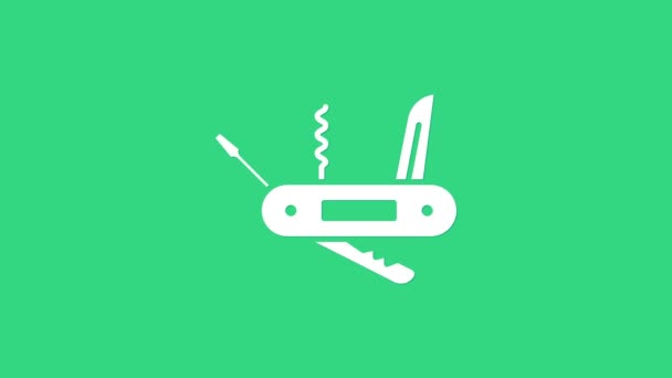 Bílý švýcarský nůž ikona izolované na zeleném pozadí. Multifunkční, víceúčelový nůž. Multifunkční nástroj. Grafická animace pohybu videa 4K — Stock video